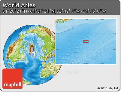 Physical Location Map of the Area around 61° 39' 52" N, 32° 13' 30" W