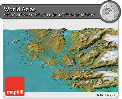Satellite 3D Map of the Area around 61° 39' 52" N, 49° 13' 30" W
