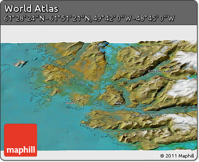 Satellite 3D Map of the Area around 61° 39' 52" N, 49° 13' 30" W