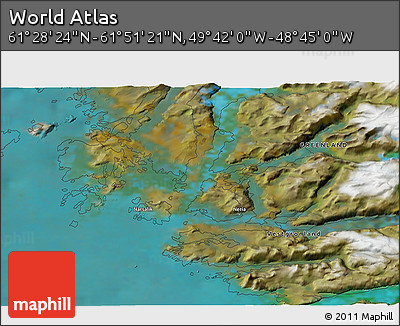 Satellite 3D Map of the Area around 61° 39' 52" N, 49° 13' 30" W