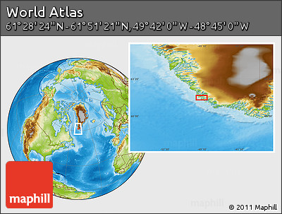 Physical Location Map of the Area around 61° 39' 52" N, 49° 13' 30" W