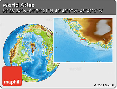 Physical Location Map of the Area around 61° 39' 52" N, 49° 13' 30" W