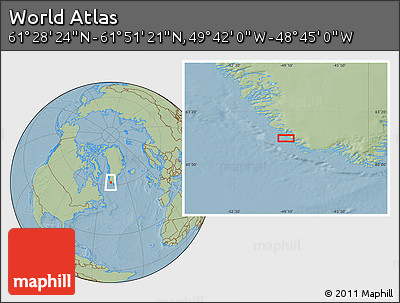 Savanna Style Location Map of the Area around 61° 39' 52" N, 49° 13' 30" W, hill shading
