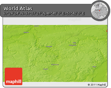 Physical 3D Map of the Area around 61° 39' 52" N, 50° 13' 30" E