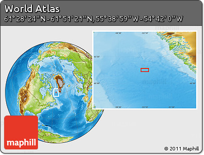 Physical Location Map of the Area around 61° 39' 52" N, 55° 10' 29" W
