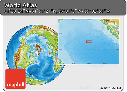 Physical Location Map of the Area around 61° 39' 52" N, 56° 1' 29" W