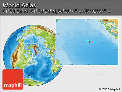 Physical Location Map of the Area around 61° 39' 52" N, 56° 1' 29" W