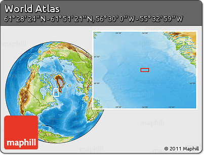Physical Location Map of the Area around 61° 39' 52" N, 56° 1' 29" W