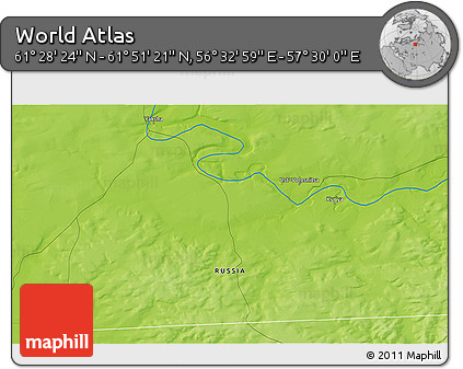 Physical 3D Map of the Area around 61° 39' 52" N, 57° 1' 29" E