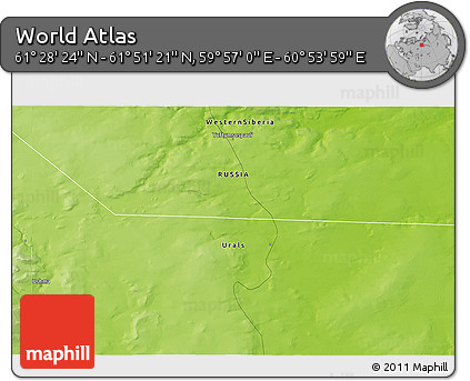 Physical 3D Map of the Area around 61° 39' 52" N, 60° 25' 29" E