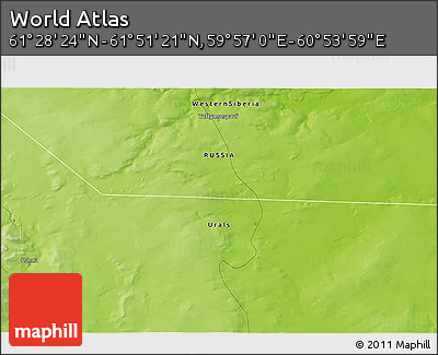 Physical 3D Map of the Area around 61° 39' 52" N, 60° 25' 29" E