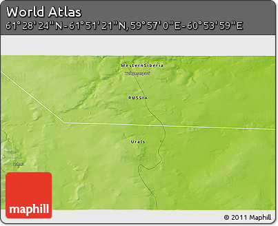 Physical 3D Map of the Area around 61° 39' 52" N, 60° 25' 29" E
