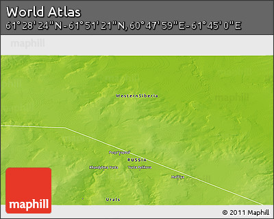 Physical 3D Map of the Area around 61° 39' 52" N, 61° 16' 29" E
