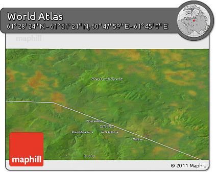 Satellite 3D Map of the Area around 61° 39' 52" N, 61° 16' 29" E