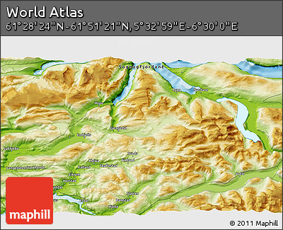 Physical 3D Map of the Area around 61° 39' 52" N, 6° 1' 30" E