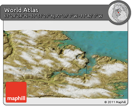 Satellite 3D Map of the Area around 61° 39' 52" N, 72° 10' 30" W