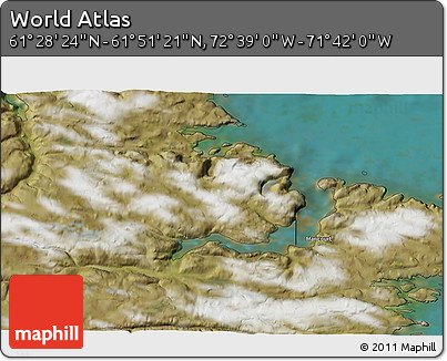 Satellite 3D Map of the Area around 61° 39' 52" N, 72° 10' 30" W