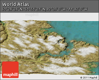 Satellite 3D Map of the Area around 61° 39' 52" N, 72° 10' 30" W
