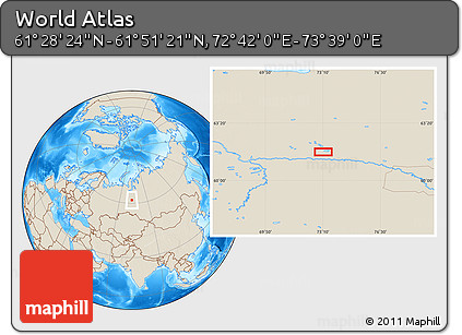 Shaded Relief Location Map of the Area around 61° 39' 52" N, 73° 10' 30" E