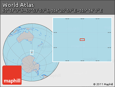 Gray Location Map of the Area around 61° 5' 28" S, 148° 49' 29" E