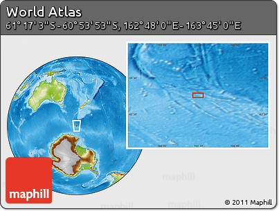 Physical Location Map of the Area around 61° 5' 28" S, 163° 16' 30" E