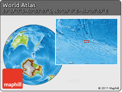 Physical Location Map of the Area around 61° 5' 28" S, 164° 7' 30" E