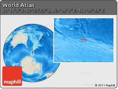 Shaded Relief Location Map of the Area around 61° 5' 28" S, 164° 7' 30" E