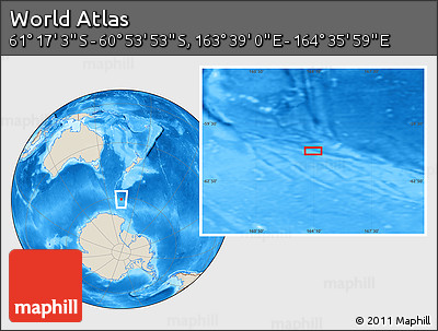 Shaded Relief Location Map of the Area around 61° 5' 28" S, 164° 7' 30" E