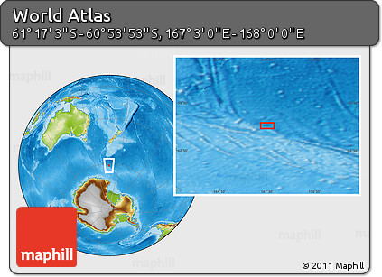 Physical Location Map of the Area around 61° 5' 28" S, 167° 31' 30" E