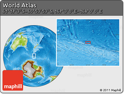 Physical Location Map of the Area around 61° 5' 28" S, 167° 31' 30" E