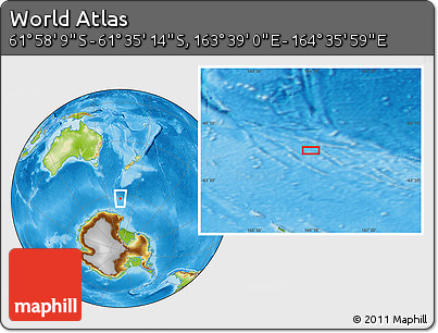 Physical Location Map of the Area around 61° 46' 42" S, 164° 7' 30" E