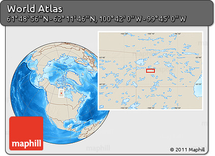 Shaded Relief Location Map of the Area around 62° 0' 21" N, 100° 13' 29" W