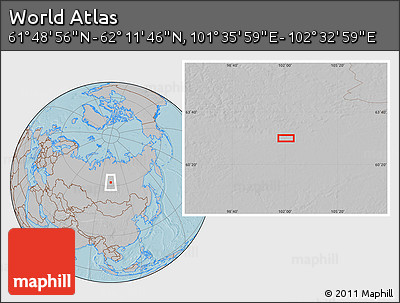 Gray Location Map of the Area around 62° 0' 21" N, 102° 4' 29" E, hill shading