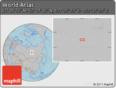 Gray Location Map of the Area around 62° 0' 21" N, 102° 4' 29" E, hill shading