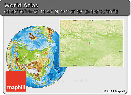 Physical Location Map of the Area around 62° 0' 21" N, 102° 4' 29" E