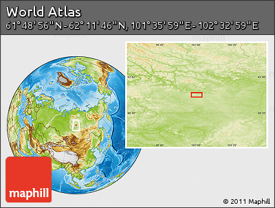 Physical Location Map of the Area around 62° 0' 21" N, 102° 4' 29" E