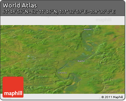 Satellite 3D Map of the Area around 62° 0' 21" N, 108° 1' 30" E