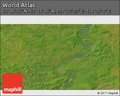Satellite 3D Map of the Area around 62° 0' 21" N, 108° 1' 30" E
