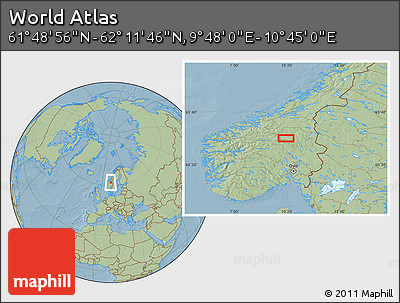 Savanna Style Location Map of the Area around 62° 0' 21" N, 10° 16' 30" E, hill shading