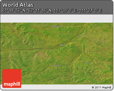 Satellite 3D Map of the Area around 62° 0' 21" N, 113° 58' 29" E