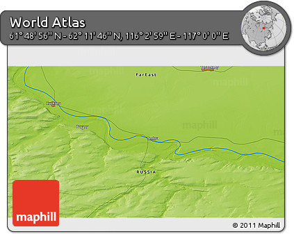 Physical 3D Map of the Area around 62° 0' 21" N, 116° 31' 30" E