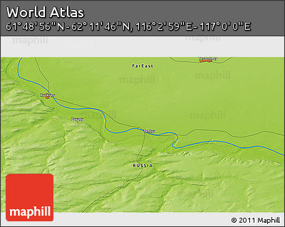Physical 3D Map of the Area around 62° 0' 21" N, 116° 31' 30" E