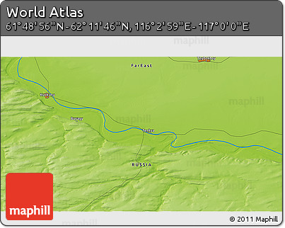 Physical 3D Map of the Area around 62° 0' 21" N, 116° 31' 30" E