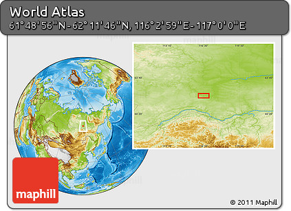 Physical Location Map of the Area around 62° 0' 21" N, 116° 31' 30" E