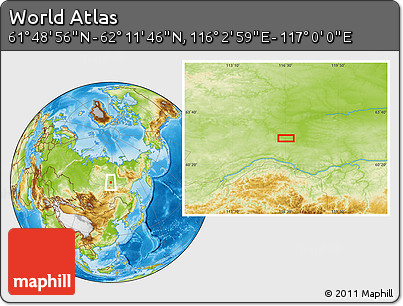 Physical Location Map of the Area around 62° 0' 21" N, 116° 31' 30" E