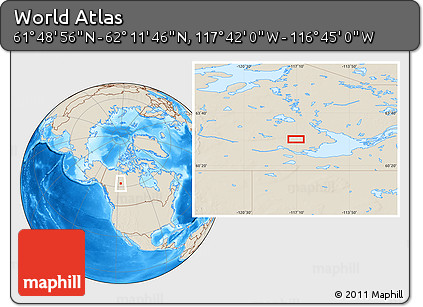 Shaded Relief Location Map of the Area around 62° 0' 21" N, 117° 13' 29" W