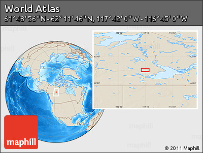 Shaded Relief Location Map of the Area around 62° 0' 21" N, 117° 13' 29" W