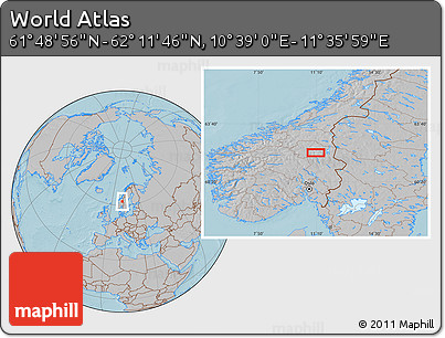 Gray Location Map of the Area around 62° 0' 21" N, 11° 7' 30" E, hill shading