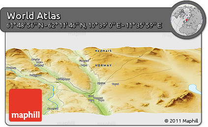 Physical Panoramic Map of the Area around 62° 0' 21" N, 11° 7' 30" E
