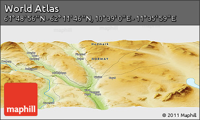 Physical Panoramic Map of the Area around 62° 0' 21" N, 11° 7' 30" E
